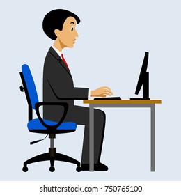 Businessman sitting at the computer in the office. Drawing in flat style. Vector illustration