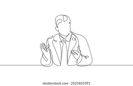 Businessman Sitting Continuous Single Line Drawing on White Background. Man Working Vector Line Art Drawing. Manager Silhouette in Linear Minimalistic Style