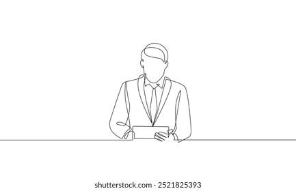Businessman Sitting Continuous Single Line Drawing on White Background. Man Working Vector Line Art Drawing. Manager Silhouette in Linear Minimalistic Style