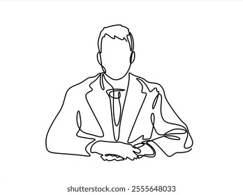 Businessman Sitting Continuous Single Line Drawing on White Background. Man Working Vector Line Art Drawing. Manager Silhouette in Linear Minimalistic Style