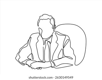 Empresário Sentado Desenho de linha única contínua sobre fundo branco. Desenho de arte vetorial de trabalho Man. Silhueta do gerenciador em estilo minimalista linear.Traçado editável.	