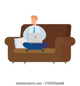 businessman sitting in couch with laptop isolated icon vector illustration design