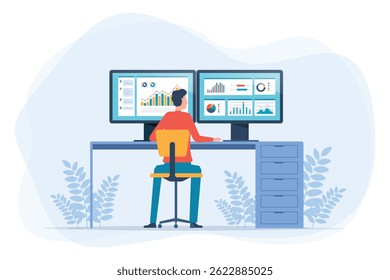  empresário sentado em uma mesa e analisando dados em dois grandes monitores de computador. com gráficos coloridos. e conceitos de design para analista de dados de negócios e investimento financeiro de negócios.
