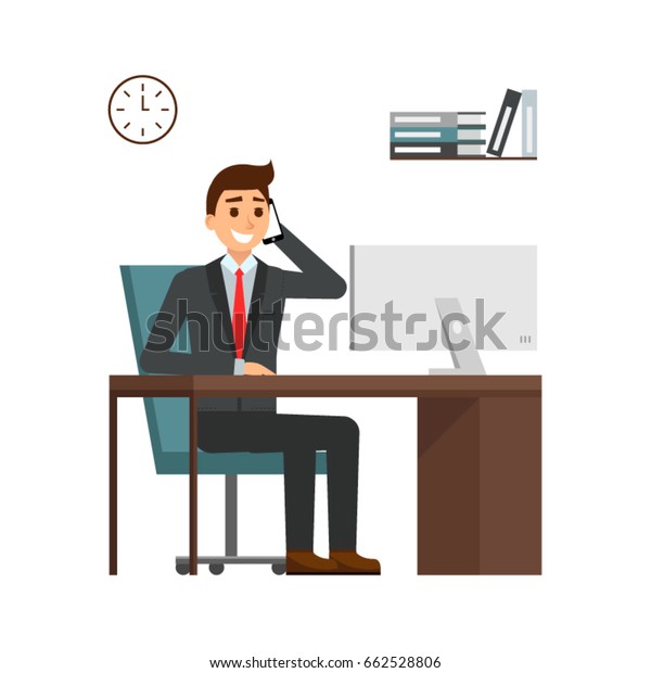 Businessman Sitting Desk Bright Office Talking Stock Vektorgrafik
