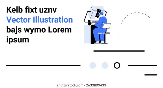 Empresário sentado na mesa com computador, elementos geométricos abstratos e texto de espaço reservado. Ideal para sites de negócios, blogs técnicos, materiais de marketing, apresentações corporativas, web design