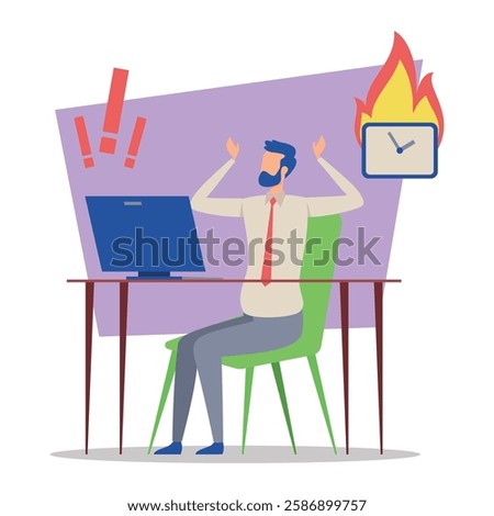Businessman sitting at desk with computer, expressing frustration and stress. Alarm signals and clock indicating urgent deadlines and pressure in workplace setting