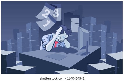Businessman sitting at desk in front of computer at workplace holding his head surrounded by stacks of papers, piles of documents. Brainwork, workaholism, overworked, deadline concept. Vector.