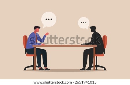 Businessman sitting at desk having conversation with his shadow figure, concept of inner dialogue, self confrontation, reflection, imposter syndrome, or mental conflict, vector flat  illustration