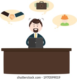 businessman sitting at the desk with the laptop with financial items in speech bubbles. Vector illustration, flat style.