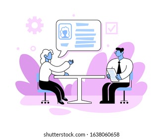 Businessman sitting at the desk listens to a woman and takes some notes. Job interview, application. Business concept flat vector illustration, isolated on white background.