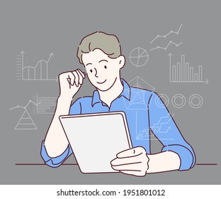 Businessman sitting at desk and looking at his tablet, Business Analytics concept. Hand drawn in thin line style, vector illustrations.