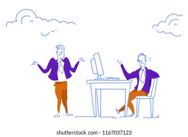 businessman sitting desk office workplace boss and employee communication concept horizontal sketch doodle vector illustration
