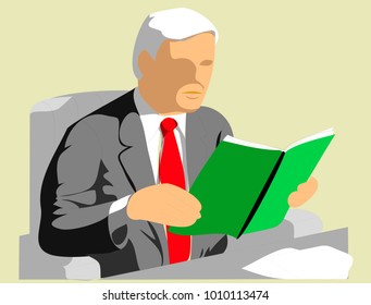 Businessman sitting at a desk, reading reports.