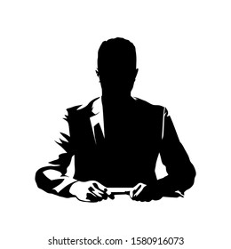 Businessman sitting at desk and talking, ink drawing. Conversation with leader or manager. Isolated vector silhouette