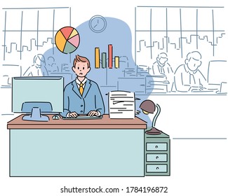 A businessman is sitting at a desk and watching work. Company scenery, hand drawn style vector design illustrations. 