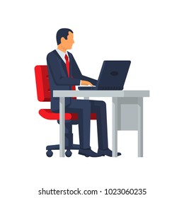 Businessman sitting at desk working on laptop. Vector illustration flat design. Isolated on white background. Office worker working paperwork. Computer on table.