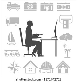 Businessman sitting at desk working on computer. Vector illustration flat design. Isolated on white background. Office worker working paperwork. Computer on table.