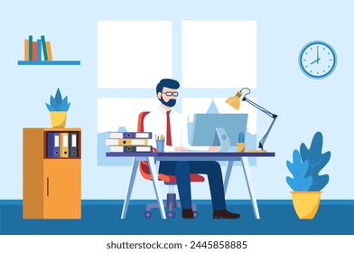 Businessman sitting at desk working on computer in office. Office worker working paperwork. Computer on table. Vector illustration in flat style