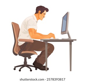 Businessman sitting at desktop working on Computer. Financial analytics or office work. Side view vector Illustration