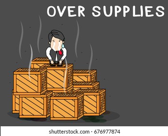 Businessman sitting dismayed on a stack of crates with rotten goods inside. In excess of market necessity. Funny vector style.