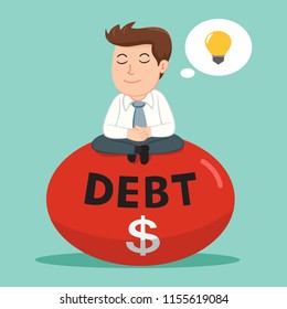 Businessman sitting doing meditating on big debt, illustration vector cartoon
