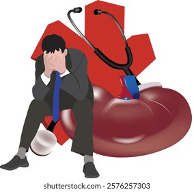 Businessman sitting down covering his face with a kidney and stethoscope