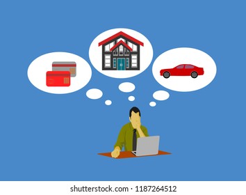 
Businessman sitting in front of computer Credit to debt such as car  loans, home loans, credit cards. Has a blue background