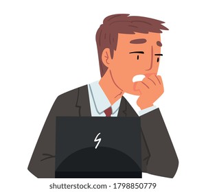 Businessman Sitting in front of Computer, Stressed Male Office Manager Working with Laptop Vector Illustration Isolated on White Background