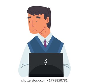Businessman Sitting in front of Computer, Stressed Male Office Manager Working with Laptop Vector Illustration Isolated on White Background
