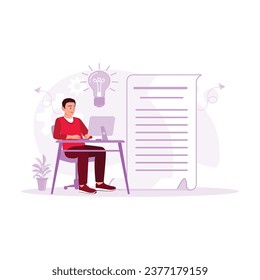  Businessman sitting in front of computer writing content for company financial report presentation. Content Writer concept. trend modern vector flat illustration