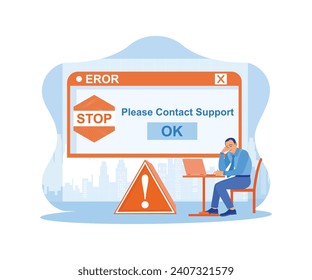 A businessman sitting in front of a laptop with a sad face. Windows errors. 404 error page concept. trend modern flat vector illustration