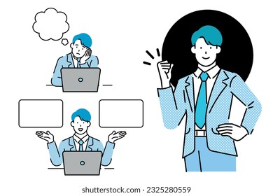 Businessman sitting in front of laptop. Set of different poses. Vector illustration