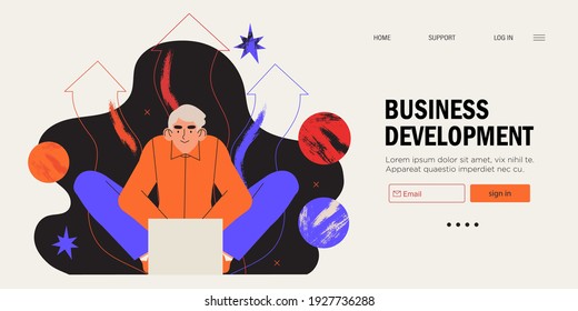 Businessman sitting in front of laptop working on project. Business developement, career success or growth and opportunity, startup concept banner, landing web page. Creative trendy character.
