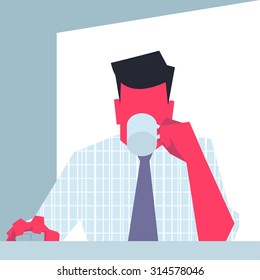 Businessman sitting in front of PC (PC monitor point of view) drinking from mug, holding computer mouse. Retro style illustration.
