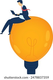 Businessman sitting giant light bulb working laptop. Creative idea concept male executive using computer. Professional outfit, productivity innovation representation