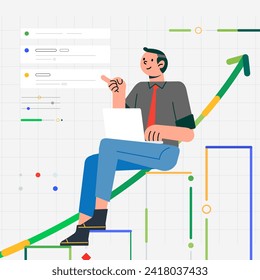 Businessman sitting growth chart analyzing business and rising profits stocks with laptop male guy