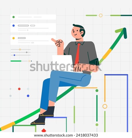 Businessman sitting growth chart analyzing business and rising profits stocks with laptop male guy