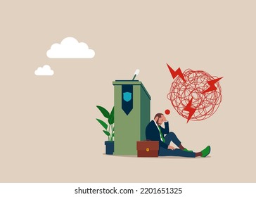 Businessman sitting hidden behind public speaking podium.  Stress to talk on stage, frightening to give speech to people. Flat Vector illustration.