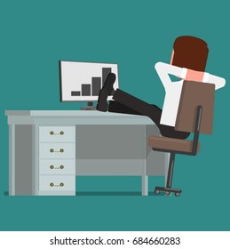 The businessman is sitting with his legs on the table. Vector illustration, a flat style design.