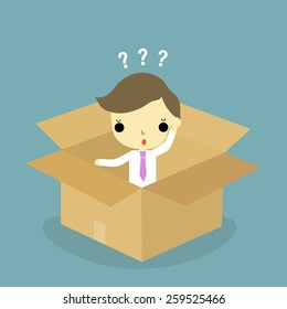 businessman sitting inside the box with question mark on his head.