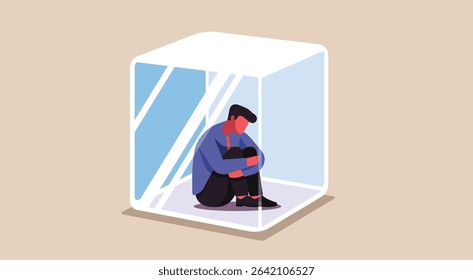 Businessman sitting inside a transparent cube under invisible pressure and emotional confinement in the workplace, concept of corporate stress and isolation, vector flat illustration - Powered by Shutterstock - Get 15% off with code: PIKWIZARD15