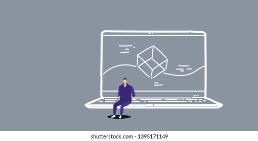 businessman sitting laptop computer app development concept screen interface application design male developer sketch doodle horizontal full length