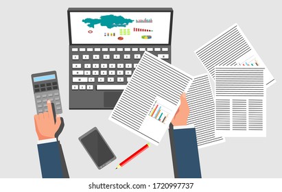Businessman sitting with laptop at the desk and working, hands typing on the laptop. Vector illustration top view of people work