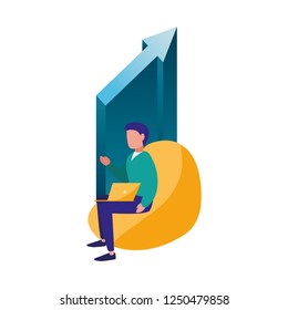 businessman sitting with laptop financial arrow