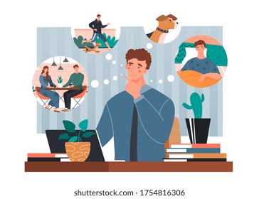 Businessman sitting at a laptop in his office thinking with thought bubbles showing him dining with his wife, gardening, walking the dog and relaxing, colored vector illustration