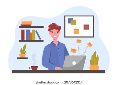 Businessman sitting with laptop. Man works from home, distance education, remote employee. Students work on Internet, online services. Freelancer, free schedule. Cartoon flat vector illustration