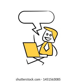 businessman sitting with laptop and speech bubble yellow stick figure theme