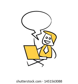 businessman sitting with laptop and speech bubble yellow stick figure theme