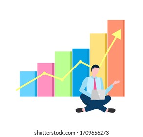 Empresario sentado con un vector portátil, hombre de trabajo con infografía y punta de flecha en crecimiento, persona con información analizada y gráficos de negocios exitosos