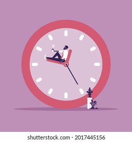 Businessman sitting lean back and relaxing on clock arrows, Break time and time management concept